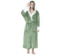DASONLUE Flannel Men's Bathrobe Colour Blocking Plush Dressing Gown with Hood Slim Fit Nightdress Coral Fleece Bathrobe Soft Lightweight House Coat Comfortable Sauna Gown, Green, 3XL