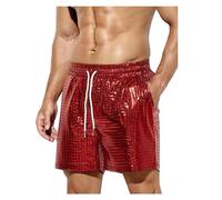 DASONLUE Glitter Shorts Men's Shiny Metallic Leisure Shorts Elastic Waistband Sparkles Swimming Shorts Sequins Glossy Bermuda Shorts Carnival Outfit Drawstring Sports Shorts, red, M