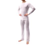 DASONLUE Pyjamas Men's Muslin Transparent Cuddly Suit Micro Mesh Two Piece Outfits Sleep Shirt and Pyjama Bottoms Transparent Lightweight Loungewear, White, XL