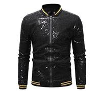 DASONLUE Sequin Jacket Men's Stand-Up Collar Glitter Bomber Jacket Slim Fit Transition Jacket Sparkles Shiny Training Jacket Vintage Disco Style Fancy Dress Costumes Spring Jacket, black, M