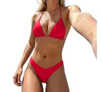 DASONLUE Women's Plain Two-Piece Bikini Set with High Waist, Crew Neck, Sleeveless Top, Flattering Cut, Sexy Swimwear for Beach, Pool and Summer Holiday, Breathable, O Red, S
