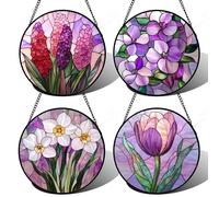 DASTOLL Stained Glass Window Hanging 4 Pcs Set Purple Flower Theme Large 11.8" - Tulip Suncatcher Door Garden Sun Catcher Decor Birthday Christmas for Plant Lovers Woman Nana Men
