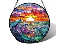 DASTOLL Stained Glass Window Hanging, Clouds and Sea Waves Suncatcher Diamond Glass Panel Hangings Scenery Sun Catchers Decor for Birthday for Women, Men, Wife, Aunt, and Mom 6.3 in