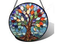 DASTOLL Stained Glass Window Hanging, Colorful Tree of Life Sun Catchers Glass Panel Blue Suncatcher Decor for Birthday for Women, Men, Wife, Aunt, and Mom 7.8 in
