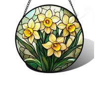 DASTOLL Stained Glass Window Hanging, Daffodil Plant Flowers Sun Catchers Diamond Glass Panel Hangings Suncatcher Decor for Birthday for Women, Men, Wife, Aunt, and Mom 9.8 in