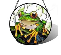 DASTOLL Stained Glass Window Hanging, Green Frog White Petals Sun Catchers Colorful Glass Panel Cute Suncatcher Decor for Birthday for Women, Men, Wife, Aunt, and Mom 9.8 in