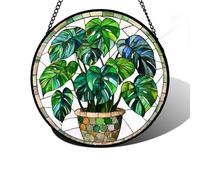 DASTOLL Stained Glass Window Hanging, Green Plant Monstera t Suncatcher Diamond Colorful Glass Panel Sun Catchers Decor for Birthday for Women, Men, Wife, Aunt, and Mom 6.3 in