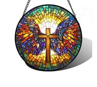DASTOLL Stained Glass Window Hanging - Jesus Cross Wings Suncatcher Ready to Hang Window Doors Home Decoration and Christmas, Mother's Day Birthday Gifts for Women, Men, and Mom 9.8x9.8 in