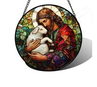DASTOLL Stained Glass Window Hanging, Jesus Little Lamb Sun Catchers Colorful Glass Panel Christianity Suncatcher Decor for Birthday for Women, Men, Wife, Aunt, and Mom 7.8 in