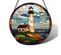 DASTOLL Stained Glass Window Hanging, Ocean Lighthouse Sun Catchers Glass Panel Blue Green Suncatcher Decor for Birthday for Women, Men, Wife, Aunt, and Mom 11.8 in