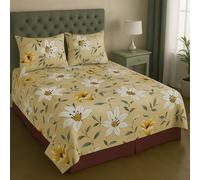 Dastoor Sunny Lily Garden Blend Cotton Feel Flat Bedsheets with 2 Pillow Covers | Breathable| Wrinklefree | Ultrasoft 144 TC Supersoft | White & Yellow Flower Designs (Super Queen)