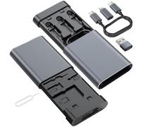 Data Hub, Travel Rated Multi-Card Reader, and 65W 3-in-1 Charging Cable, Nano-Sim-TF-SD, Card Storage, Lighting, USB-C, USB-A Connectors, iOS/Win/Mac/Android, Compact Aluminum Case, No Loose Wires.