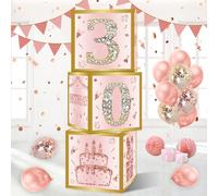 DataMoon 30th Birthday Decorations Boxes for Women - 3PCS Pink Rose Gold Happy 30th Birthday Balloons Boxes,Thirty Year Old Birth Theme Cardboard Box Decor