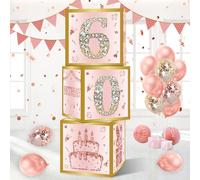 DataMoon 60th Birthday Decorations Boxes for Women - 3PCS Pink Rose Gold Happy 60th Birthday Balloons Boxes,Sixty Year Old Bday Theme Cardboard Box Decor