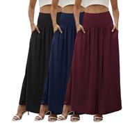 DATAMOUNT 3 Pack Womens Maxi Skirts Elastic High Waist Pleated a Line Cotton Long Skirts for Curvy with Pockets, Black,Navy Blue,Burgundy, XXL