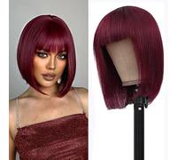 Datanala 99j Bob Wig With Bangs - Straight Short Wine Red Human Hair 3x1 HD Lace Top Glueless Blunt Cut Silk Wear and Go 180% Density (12 Inch)
