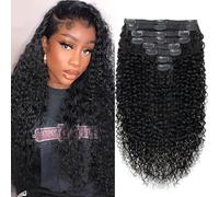 Datanala Brazilian Virgin Kinky Curly Clip in Hair Extensions 8Pcs/lot 120g With 18 Clips Kinky Curly Clip in Hair Extension Real Human Hair Natural Black Color For Black Women (16Inch)