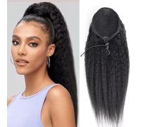 Datanala Kinky Straight Ponytail Extensions Human Hair Drawstring Ponytail Extension Brazilian Remy Kinky Straight Human Hair Ponytail Clip in Hair Extensions Nature Black Color (16Inch)