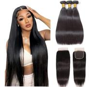 Datanala Straight Human Hair 3 Bundles with Lace Closure Brazilian Virgin 100% Unprocessed Grade 12A Straight Human Hair Bundles with Top Lace Closure Free Part Natural Color (18 20 22+16Inch)