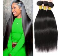 Datanala Straight Human Hair Bundles 16 18 20Inch Brazilian Virgin 12A Grade 100% Unprocessed Straight Human Hair Extension for Women Double Weft Straight Hair 3 Bundles Natural Black Color
