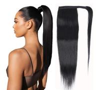 Datanala Straight Human Hair Ponytail Extension with Magic Paste Warp Around 18Inc Brazilian Virgin Straight Ponytail Magic Tie 100% Remy Human Hair Ponytails Extension Natural Color for Black(16Inch)