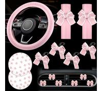 Datanly 15 Pcs Pink Car Accessories Set for Women Bow Car Accessories Set Pink Leather Steering Wheel Cover Universal Fit 15 Inch Seat Belt Cover Bow Hook Pink Bow Car Coaster Bow Air Vent Clip