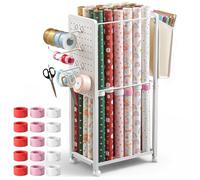 Datanly Wrapping Paper Storage Organizer Cart with 15pcs Slap Bands, Rolling Gift Wrapping Paper Cart Station for Wrapp Papers, Ribbon Holder Rack, Craft Supplies, Blueprint, Construction Drawings