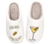DATAROPE Cozy Time Women's Espresso Martini Slippers White Plush Memory Foam Indoor Non-Slip Shoes with Embroidered Design Novelty Coffee Cocktail Theme, Extra Dirty Martini Slippers, 40/41.5 EU