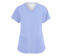 Date Casual Short Sleeve Scrub Tunic Spring Cool Loose Fit V NEC Solid with Pockets Cotton Scrub Light Blue