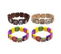 DATOA 4Pcs Wooden Jesus Virgin Mary Bracelet Saints Rosary Stretch Wooden Small Panel Bracelet Religious Saints Jesus Gift, 5 UK, Wood, no gemstone