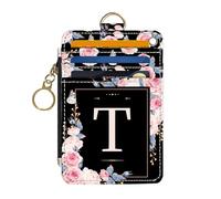 DATOUCAT Slim Wallet Credit Card Holder, Initial Letter, RFID Wallet Women Cute Small Front Pocket Wallet With Zipper, PU Leather Thin travel RFID Blocking Card Case ID Window,Ladies Gifts, Letter T