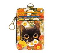 DATOUCAT Slim Wallet Credit Card Holder, RFID Wallet Women Cute Small Front Pocket Wallet With Zipper, Cat and Yellow Flower, 4.7 x 3.1 x 0.2 inches