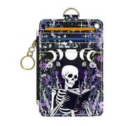 DATOUCAT Slim Wallet Credit Card Holder, RFID Wallet Women Cute Small Front Pocket Wallet With Zipper, PU Leather Thin travel RFID Blocking Card Case ID Window,Ladies Gifts, The Reading Skeleton, 4.72