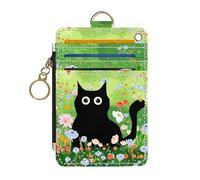 DATOUCAT Slim Wallet Credit Card Holder, RFID Wallet Women Cute Small Front Pocket Wallet With Zipper, Cat on the Green Grass, Classic