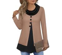 Datuhao Tunic Women's Long Sleeve Elegant 2 in 1 Pullover Long Sweatshirt Shawl Collar Patchwork Jumper, brown, M