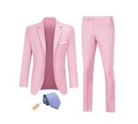 Datysum Men Suit 2 Piece Groomsmen Tuxedo Prom Blazer Slim Fit Suits Two Button Wedding Dress Jacket Pants Set with Tie, Pink, L
