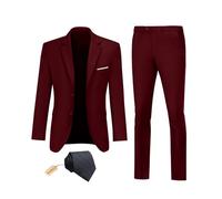 Datysum Men Suit 2 Piece Groomsmen Tuxedo Prom Blazer Slim Fit Suits Two Button Wedding Dress Jacket Pants Set with Tie, Burgundy, X-Small