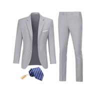 Datysum Men Suit 2 Piece Groomsmen Tuxedo Prom Blazer Slim Fit Suits Two Button Wedding Dress Jacket Pants Set with Tie, Light Grey, XS