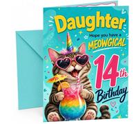 Daughter 14th Birthday Card Meowgical Cat Unicorn Cocktail | Large A5 Card with Printed Inside Message; Teal confetti for Daughter 14th Birthday