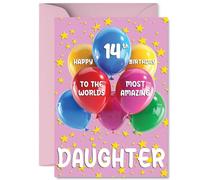 Daughter 14th Birthday Card - Worlds Most Amazing - Happy Birthday Card for 14 Year Old Daughter from Dad Mum, A5 Balloons and Stars Bday Greeting Cards