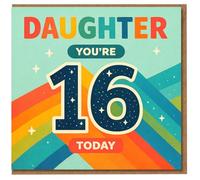 Daughter 16th Birthday Card - Colourful Retro Rainbow Design with Stars - 'Daughter You're 16 Today'