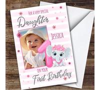 Daughter 1st Pink Floral Elephant Photo Custom Personalised Birthday Card - Personalised Birthday Greeting Card for Kids, Custom Birthday Card