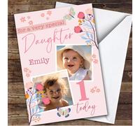 Daughter 1st Pink Floral Photo Custom Personalised Birthday Card - Personalised Birthday Card For 1st Birthday, Custom Birthday Card
