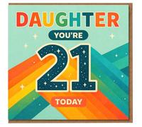 Daughter 21st Birthday Card - You're 21 Today - Colourful Retro Rainbow Rays with Starry 21 Milestone Design