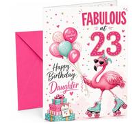Daughter 23rd Birthday Card Fabulous Flamingo on Roller Skates | Large A5 Card with Printed Inside Message; Playful pink flamingo in heart sunglasses for Daughter 23rd Birthday