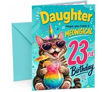 Daughter 23rd Birthday Card Meowgical Cat Unicorn Cocktail | Large A5 Card with Printed Inside Message; Teal confetti with a tabby cat in heart sunglasses for Daughter 23rd Birthday