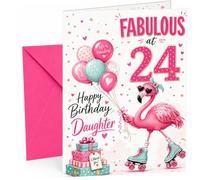 Daughter 24th Birthday Card Fabulous Flamingo on Roller Skates | Large A5 Card with Printed Inside Message; Bright pink and teal flamingo-on-roller-skates for Daughter 24th Birthday