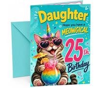 Daughter 25th Birthday Card Meowgical Unicorn Cat Cocktail | Large A5 Card with Printed Inside Message; Turquoise confetti for Daughter 25th Birthday