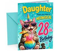 Daughter 28th Birthday Card Meowgical Cat Unicorn Cocktail | Large A5 Card with Printed Inside Message; Colourful tabby cat in heart sunglasses for Daughter 28th Birthday