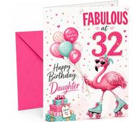 Daughter 32nd Birthday Card Flamingo on Roller Skates & | Large A5 Card with Printed Inside Message; Bright pink and teal for Daughter 32nd Birthday